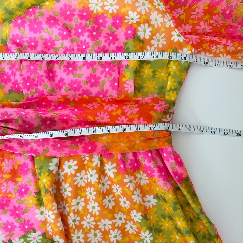 Vintage Colorful Floral Long Sleeve Maxi Dress Pink, Orange, Green - Picture 6 of 8